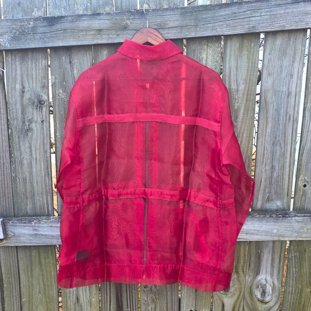 GSTQ Sheer Cinched Zip Jacket Valentine Red Gold Hardware Sz M Made in Portugal - Picture 6 of 9